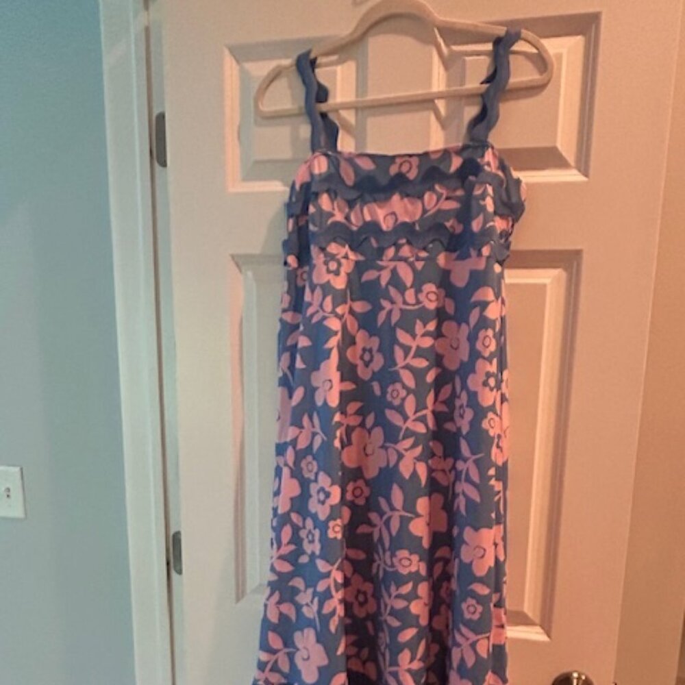 Blue and Pink Floral Print Sundress with Ric Rac Trim Size L